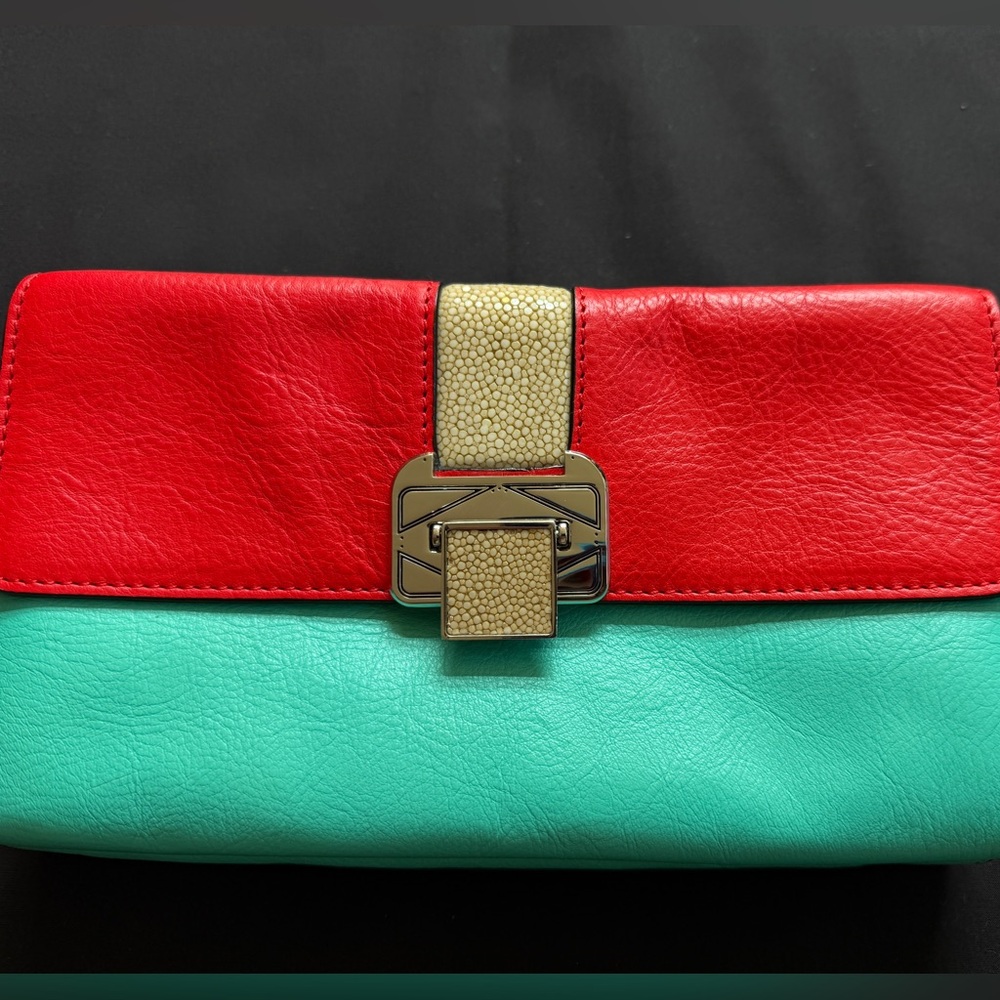 Rebecca Minkoff Coco Red and Aqua Leather Clutch
